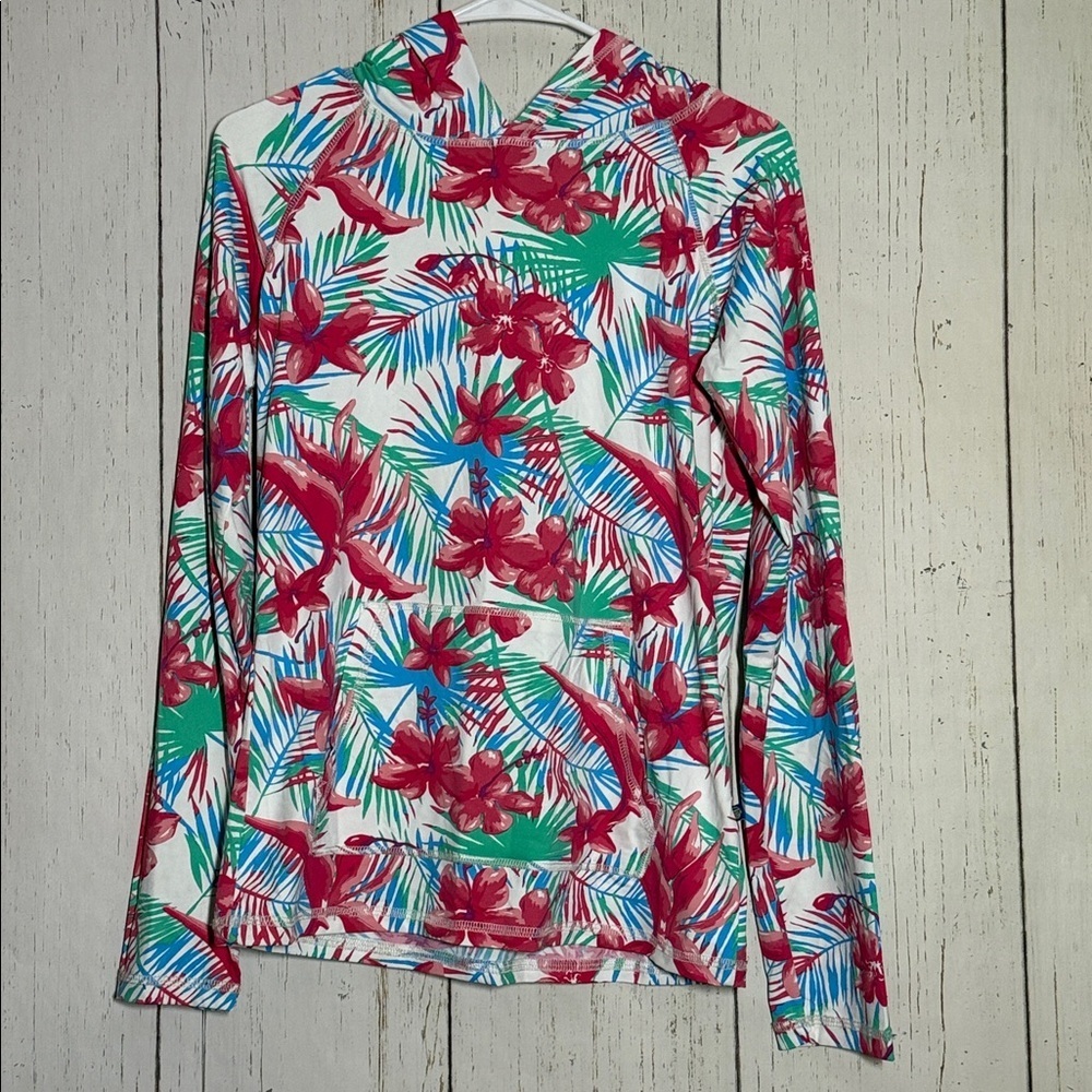 Banana Boat Lightweight Pink White Tropical Seasonal Rash Guard Hoodie Large